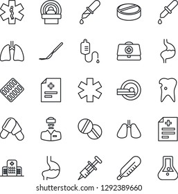 Thin Line Icon Set - doctor case vector, diagnosis, syringe, dropper, thermometer, pills, blister, scalpel, tomography, ambulance star, stomach, lungs, caries, hospital, flask