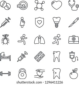 Thin Line Icon Set - doctor case vector, molecule, stethoscope, syringe, dropper, pills, blister, scalpel, tomography, barbell, run, heart shield, hospital bed, hand, lungs, caries, implant, virus