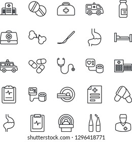 Thin Line Icon Set - doctor case vector, diagnosis, stethoscope, blood pressure, pills, ampoule, scalpel, tomography, ambulance car, hospital bed, stomach, broken bone, pulse clipboard