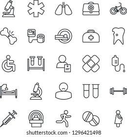 Thin Line Icon Set - doctor case vector, syringe, blood pressure, test vial, dropper, microscope, pills, patch, tomography, ambulance star, barbell, bike, run, hospital bed, disabled, lungs, caries