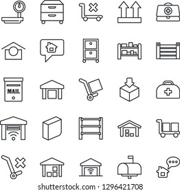 Thin Line Icon Set - doctor case vector, container, cargo, warehouse storage, up side sign, no trolley, package, heavy scales, rack, blank box, archive, mailbox, garage gate control, home message