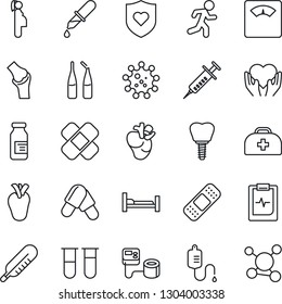 Thin Line Icon Set - doctor case vector, syringe, blood pressure, test vial, dropper, thermometer, scales, pills, ampoule, patch, run, heart shield, hospital bed, hand, real, implant, joint, virus