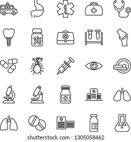 Thin Line Icon Set - doctor case vector, stethoscope, syringe, blood test vial, microscope, pills, bottle, ampoule, tomography, ambulance star, car, stomach, lungs, implant, eye, joint, hospital