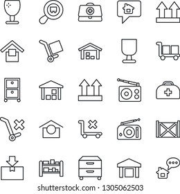 Thin Line Icon Set - doctor case vector, container, fragile, cargo, warehouse storage, up side sign, no trolley, package, search, rack, radio, archive box, home message