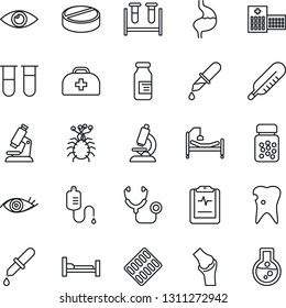 Thin Line Icon Set - doctor case vector, stethoscope, blood test vial, dropper, thermometer, microscope, pills, bottle, blister, ampoule, hospital bed, stomach, caries, eye, joint, pulse clipboard