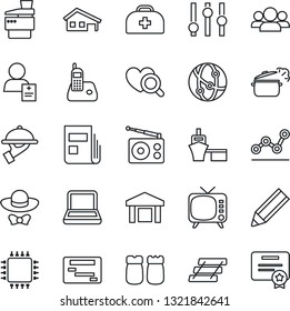 Thin Line Icon Set - doctor case vector, heart diagnostic, patient, sea port, warehouse, radio, tv, settings, network, phone, news, point graph, paper tray, notebook pc, copier, pencil, waiter, chip