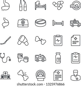 Thin Line Icon Set - doctor case vector, diagnosis, stethoscope, blood pressure, pills, ampoule, scalpel, tomography, ambulance car, hospital bed, stomach, broken bone, pulse clipboard
