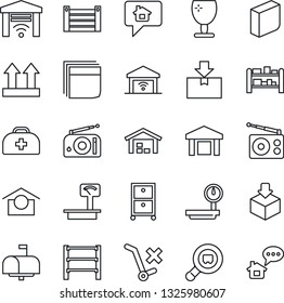 Thin Line Icon Set - doctor case vector, container, fragile, warehouse storage, up side sign, no trolley, package, heavy scales, search cargo, rack, radio, blank box, archive, mailbox, home message