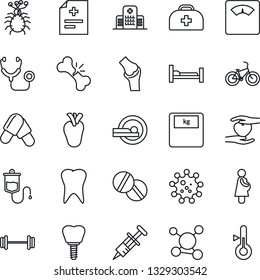 Thin Line Icon Set - doctor case vector, diagnosis, stethoscope, syringe, dropper, scales, pills, tomography, barbell, bike, hospital bed, heart hand, real, tooth, implant, joint, broken bone, virus