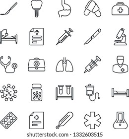 Thin Line Icon Set - doctor case vector, diagnosis, stethoscope, syringe, blood test vial, dropper, thermometer, microscope, pills, bottle, blister, scalpel, ambulance star, hospital bed, stomach