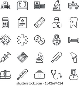 Thin Line Icon Set - doctor case vector, diagnosis, stethoscope, syringe, blood test vial, thermometer, microscope, pills, bottle, blister, patch, ambulance star, car, hospital bed, caries, joint