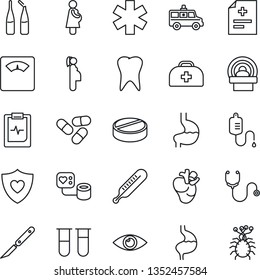 Thin Line Icon Set - doctor case vector, diagnosis, stethoscope, blood pressure, test vial, dropper, thermometer, scales, pills, ampoule, scalpel, tomography, ambulance star, car, heart shield, real