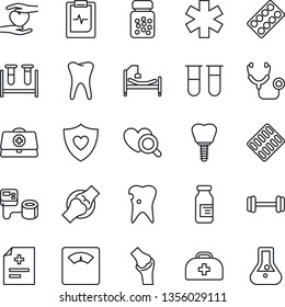 Thin Line Icon Set - doctor case vector, diagnosis, stethoscope, blood pressure, test vial, heart diagnostic, scales, pills bottle, blister, ampoule, ambulance star, barbell, shield, hospital bed