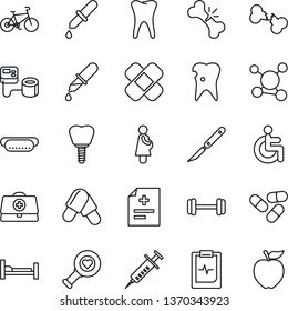 Thin Line Icon Set - doctor case vector, diagnosis, syringe, blood pressure, dropper, heart diagnostic, pills, scalpel, patch, barbell, bike, hospital bed, disabled, tooth, caries, implant, molecule