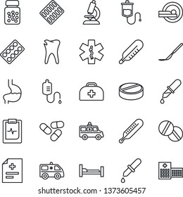 Thin Line Icon Set - doctor case vector, diagnosis, dropper, thermometer, microscope, pills, bottle, blister, scalpel, tomography, ambulance star, car, hospital bed, stomach, caries, pulse clipboard