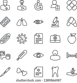 Thin Line Icon Set - Doctor Case Vector, Diagnosis, Blood Pressure, Thermometer, Microscope, Pills, Blister, Scalpel, Patch, Hospital Bed, Disabled, Lungs, Caries, Eye, Broken Bone, Patient, Virus