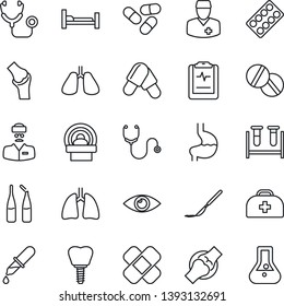 Thin Line Icon Set - doctor case vector, stethoscope, blood test vial, dropper, pills, blister, ampoule, scalpel, patch, tomography, hospital bed, stomach, lungs, implant, eye, joint, flask
