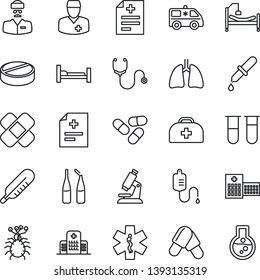Thin Line Icon Set - doctor case vector, diagnosis, stethoscope, blood test vial, dropper, thermometer, microscope, pills, ampoule, patch, ambulance star, car, hospital bed, lungs, virus, flask