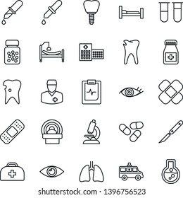 Thin Line Icon Set - doctor case vector, blood test vial, dropper, microscope, pills, bottle, scalpel, patch, tomography, ambulance car, hospital bed, lungs, caries, implant, eye, pulse clipboard