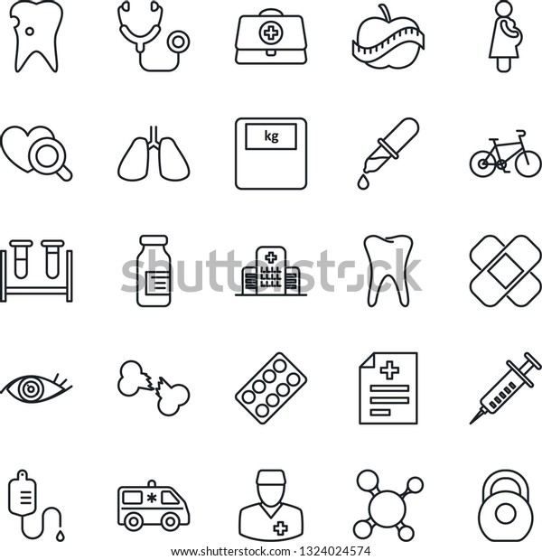 Thin Line Icon Set - doctor case vector, diagnosis,\
molecule, stethoscope, syringe, blood test vial, dropper, heart\
diagnostic, scales, pills blister, ampoule, patch, ambulance car,\
bike, lungs, eye