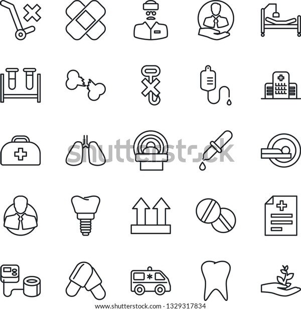 Thin Line Icon Set - doctor case vector,\
diagnosis, blood pressure, test vial, dropper, pills, patch,\
tomography, ambulance car, hospital bed, lungs, tooth, implant,\
broken bone, client, no\
trolley