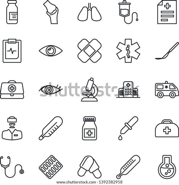 Thin Line Icon Set - doctor case vector,\
diagnosis, stethoscope, dropper, thermometer, microscope, pills,\
bottle, blister, ampoule, scalpel, patch, ambulance star, car,\
lungs, eye, joint,\
hospital