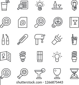 Thin Line Icon Set - document search vector, bulb, thermometer, heart diagnostic, ampoule, fragile, cargo, torch, water supply, client, alcohol, wine card, drink, cocktail, phyto bar, energy saving