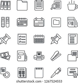 Thin Line Icon Set - document search vector, pen, notepad, coffee, drawing pin, calendar, reload, cash, clipboard, folder, news, paper, checklist, binder, printer, contract, book, stapler