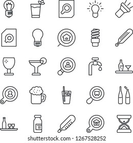 Thin Line Icon Set - document search vector, bulb, thermometer, ampoule, fragile, cargo, torch, water supply, estate, client, alcohol, cocktail, phyto bar, beer, energy saving, idea, sand clock