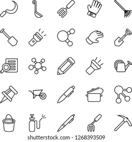 Thin Line Icon Set - Document Search Vector, Pen, Job, Pencil, Garden Fork, Shovel, Rake, Watering Can, Wheelbarrow, Bucket, Glove, Sickle, Sprayer, Share, Torch, Drawing Pin, Ladle, Steaming Pan