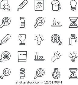 Thin Line Icon Set - document search vector, bulb, thermometer, heart diagnostic, ampoule, fragile, cargo, torch, water supply, estate, alcohol, drink, beer, energy saving, consumer, money, idea