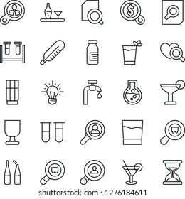 Thin Line Icon Set - document search vector, blood test vial, thermometer, heart diagnostic, ampoule, fragile, cargo, water supply, client, alcohol, drink, cocktail, phyto bar, consumer, money, idea