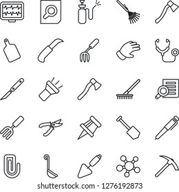 Thin Line Icon Set - document search vector, job, trowel, garden fork, rake, pruner, glove, knife, axe, sprayer, monitor pulse, stethoscope, scalpel, share, torch, drawing pin, paper clip, pen