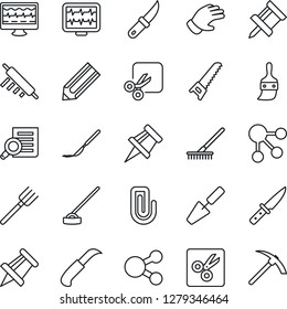 Thin Line Icon Set - document search vector, drawing pin, pencil, trowel, farm fork, rake, glove, saw, hoe, garden knife, monitor pulse, scalpel, themes, cut, paper clip, rolling, social media