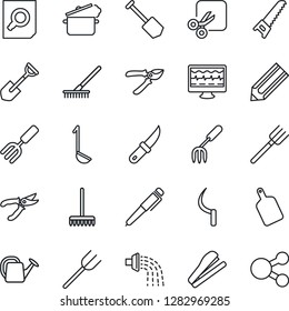 Thin Line Icon Set - document search vector, job, pencil, garden fork, shovel, farm, rake, watering can, pruner, saw, sickle, knife, monitor pulse, cut, pen, stapler, ladle, cutting board