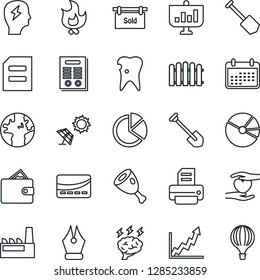 Thin Line Icon Set - document vector, brainstorm, job, printer, fence, fire, heart hand, caries, earth, pie graph, ink pen, contract, sold signboard, factory, credit card, ham, sun panel, wallet