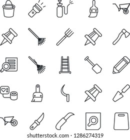 Thin Line Icon Set - document search vector, drawing pin, job, pencil, trowel, farm fork, rake, ladder, wheelbarrow, bucket, sickle, garden knife, axe, sprayer, blood pressure, themes, torch
