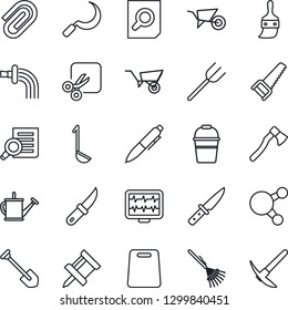 Thin Line Icon Set - document search vector, pen, job, farm fork, rake, watering can, wheelbarrow, bucket, saw, sickle, garden knife, axe, monitor pulse, share, themes, cut, drawing pin, paper clip