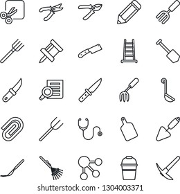 Thin Line Icon Set - document search vector, job, pencil, trowel, garden fork, farm, rake, ladder, bucket, pruner, knife, stethoscope, scalpel, cut, drawing pin, paper clip, ladle, cutting board