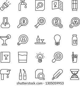 Thin Line Icon Set - document search vector, bulb, thermometer, heart diagnostic, ampoule, cargo, torch, water supply, client, alcohol, wine card, drink, cocktail, phyto bar, consumer, money, idea