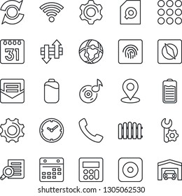 Thin Line Icon Set - document search vector, fence, battery, rec button, call, menu, settings, calculator, mail, network, calendar, data exchange, wireless, place tag, compass, fingerprint id, music