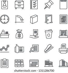 Thin Line Icon Set - document search vector, abacus, notepad, money bag, crisis graph, coffee, printer, office phone, paper pin, clipboard, calendar, clock, blank box, checklist, point, manager desk