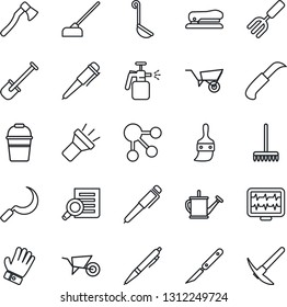 Thin Line Icon Set - document search vector, pen, garden fork, shovel, rake, watering can, wheelbarrow, bucket, glove, hoe, sickle, knife, axe, sprayer, monitor pulse, scalpel, themes, torch, ladle