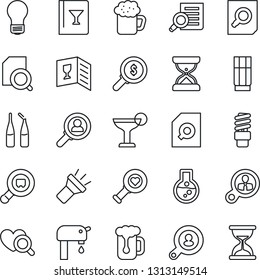 Thin Line Icon Set - document search vector, bulb, heart diagnostic, ampoule, cargo, torch, water supply, client, wine card, drink, cocktail, beer, energy saving, consumer, money, flask, sand clock