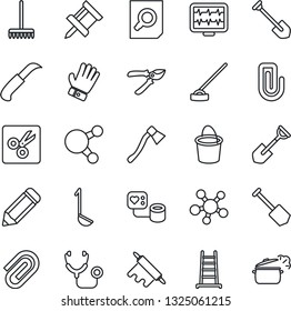 Thin Line Icon Set - document search vector, job, pencil, shovel, rake, ladder, bucket, pruner, glove, hoe, garden knife, axe, monitor pulse, stethoscope, blood pressure, share, cut, drawing pin