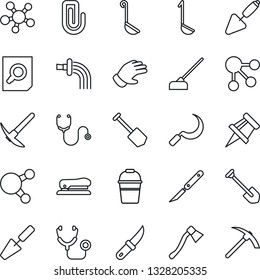 Thin Line Icon Set - document search vector, job, trowel, bucket, watering, glove, hoe, sickle, garden knife, axe, stethoscope, scalpel, share, drawing pin, paper clip, stapler, ladle, social media