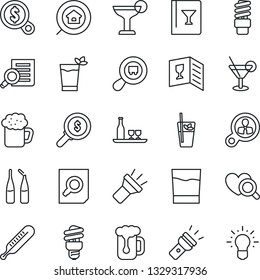 Thin Line Icon Set - document search vector, thermometer, heart diagnostic, ampoule, cargo, torch, estate, alcohol, wine card, drink, cocktail, phyto bar, beer, energy saving bulb, consumer, money