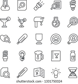 Thin Line Icon Set - document search vector, bulb, thermometer, heart diagnostic, ampoule, fragile, torch, water supply, estate, client, wine card, cocktail, beer, energy saving, consumer, idea