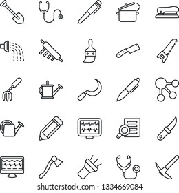 Thin Line Icon Set - document search vector, pen, job, pencil, garden fork, watering can, saw, sickle, knife, axe, monitor pulse, stethoscope, themes, torch, stapler, rolling pin, steaming pan