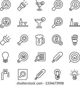 Thin Line Icon Set - document search vector, bulb, thermometer, heart diagnostic, cargo, torch, water supply, estate, client, alcohol, cocktail, beer, energy saving, consumer, money, idea